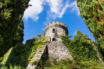 Ruins of ancient guard tower surrounded by green tries in Powerscourt gardens, Wicklow, Ireland