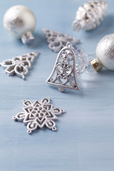 Christmas decoration on bright wooden background. Copy space.