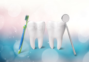 Big teeth, toothbrush and dentist mirror in dentist clinic on background