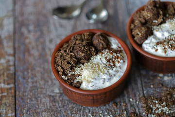 Keto diet. Greek yogurt with flax seeds, sesame seeds and chocolate crunches. Keto friendly breakfast or dessert.