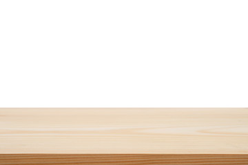 Perspective empty brown wooden table with white background including clipping path for product display montage or design layout.