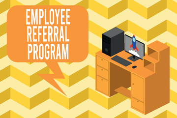 Fototapeta premium Writing note showing Employee Referral Program. Business concept for employees are rewarded for introducing recruits Desktop station drawers personal computer launching rocket