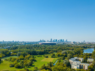 Obraz premium Panoramic view towards the center of Warsaw together with the stadium from the Prague Warsaw district. 