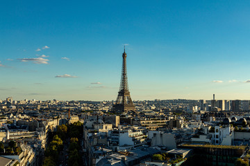 Panoramic view of Paris with the Eiffel Tower in the center of the panorama. Eiffel Tower on the background of Paris buildings.