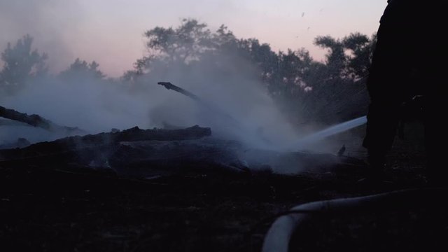 Extinguish Fire with Water by Firehose. Firefighter hold hose and put out forest campfire at evening