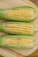 Closeup of raw corn cobs with straw over wood