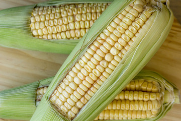 Closeup of raw corn cobs with straw over wood