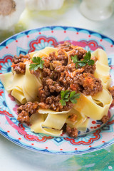 Italian ragu bolognese with flat fettuccine pasta