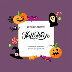 Halloween card with celebratory subjects. Handwriting lettering Halloween. Place for text. Flat style vector illustration. Great for party invitation, flyer, greeting card, web.
