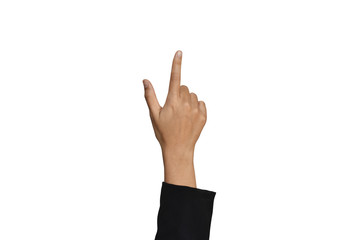 Woman hand touching or pointing to something isolated on white background with clipping path.