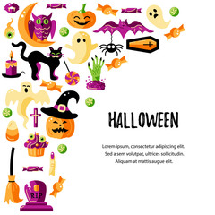 Fototapeta premium Halloween card with celebratory subjects. Place for text. Flat style vector illustration. Great for party invitation, flyer, greeting card.