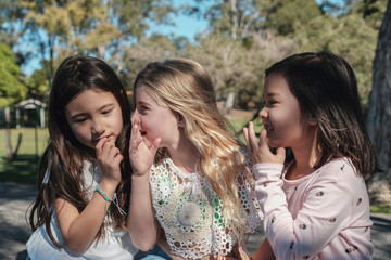 multiethnic  young little girls playing Chinese whispering  in the park, best friends and positive friendship concept