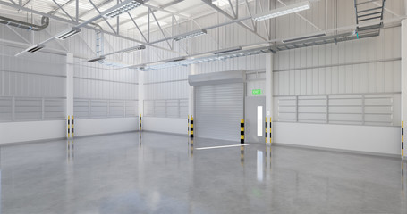 Roller door or roller shutter inside factory, warehouse or industrial building. Modern interior...