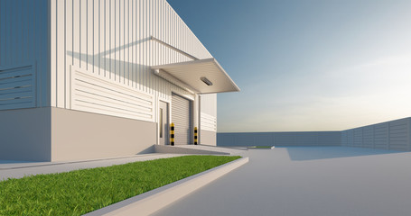 Industrial or commercial building. Use as factory, warehouse, hangar and workplace. Protection with security door, roller door or roller shutter. Outdoor floor paving with brick stone. 3d render. - obrazy, fototapety, plakaty