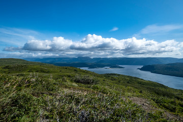 Fototapeta na wymiar Vista from the Top of Lookout Trail in Woody Point, Gros Morne National Park, Newfoundland