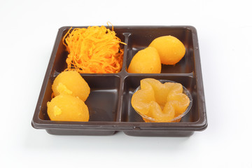 Thai traditional desserts mix variety Thong Yod Med Kanoon Foy Thong