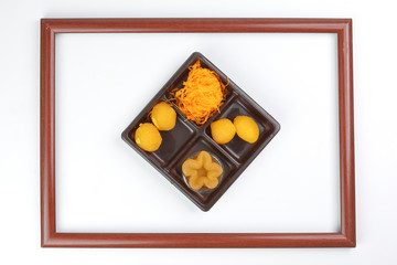 Thai traditional desserts mix variety Thong Yod Med Kanoon Foy Thong