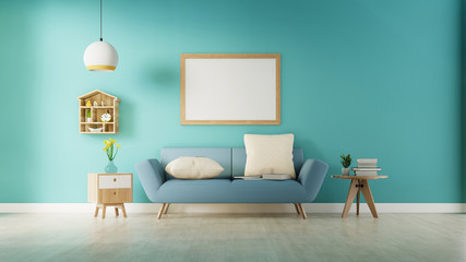 Modern living room interior with sofa and green plants,lamp,table on blue wall background. 3d rendering.