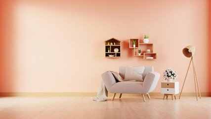 Modern living room with armchair have cabinet and wood shelves on coral color wall background,3d rendering