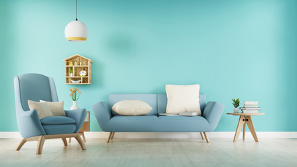 Living room with fabric blue sofa,blue armchair,lamp and green plant in vase on white wall background. 3d rendering