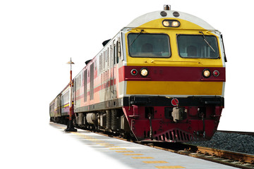 Yellow locomotive train on railroad tracks with platform on white background.