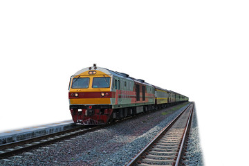 Yellow locomotive train on railroad tracks with siding and platform on white background.