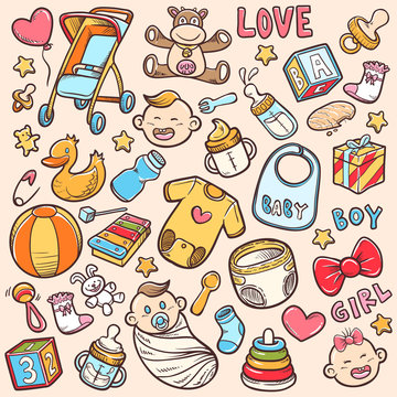 doodle baby shower icon sets stock vector coloring illustration