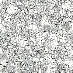 Black and White outline seamless pattern Floral background Flowers wallpaper  plants on white background Drawn decorative flowers pattern. Design for home decor, fabric, carpet, wrapping, card