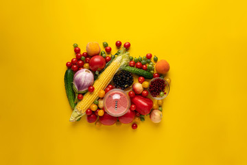 top view of bio healthy mix of various fruits and vegetables on color surface