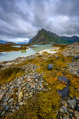 Lofoten Islands, Northern Norway, views of the mountains and the sea on the roadside, cloudy days in summer