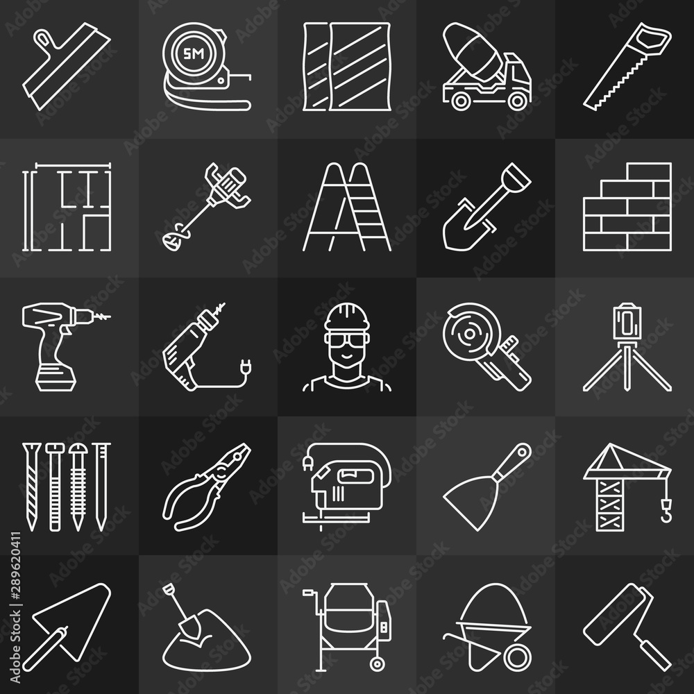 Poster construction minimal outline icons. vector collection of building or builder linear symbols on dark 
