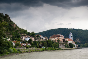 view of Durnstein town next to the Danube river