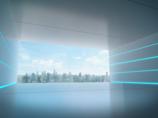 Empty room, Product showcase background, Long corridor with light glow and city background.3D rendering