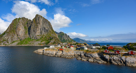 Fototapeta na wymiar Panorama view mountain and sea at Hamnoy village, Lofoten, Norway