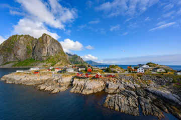 Panorama view mountain and sea at Hamnoy village, Lofoten, Norway