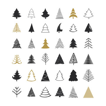 Set of scribble Christmas tree. Collection of Christmas tree shapes draw the hand.  Design elements for Christmas day. Vector Christmas trees. Vector illustration.