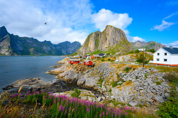 Panorama view mountain and sea at Hamnoy village, Lofoten, Norway