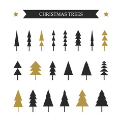 Set vector Christmas trees shape triangle black and gold color. Christmas trees.