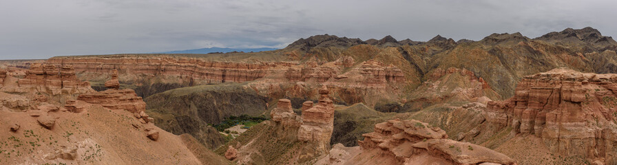 Charyn Canyon, Charyn River Valley. Red rocks and vertical canyon. Almaty region, Kazakhstan.