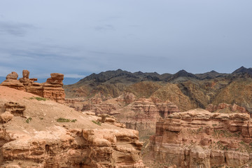 Charyn Canyon, Charyn River Valley. Red rocks and vertical canyon. Almaty region, Kazakhstan.