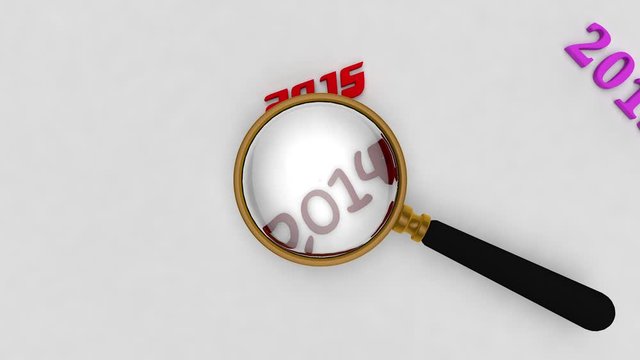 3D animation of a set of numbers of different years and a magnifying glass in motion in search of the desired date of the new year 2020.
