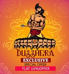 Dussehra festival sale banner or poster design Lord Rama killing Ravana in Navratri festival of India Happy Dussehra celebration