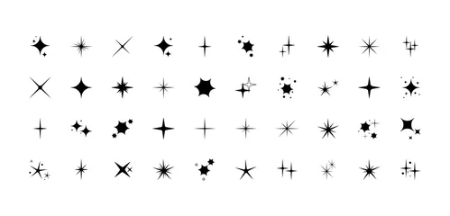 Fotobehang Vector set of different black sparkles icons. Collection of star sparkles symbol. Design on white background. © Happy-Lucky