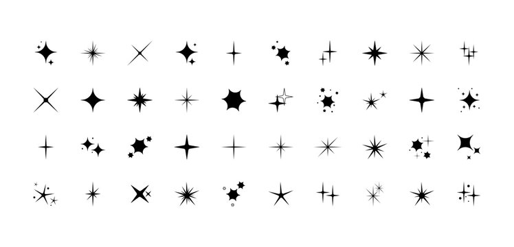 Vector set of different black sparkles icons. Collection of star sparkles symbol. Design on white background.