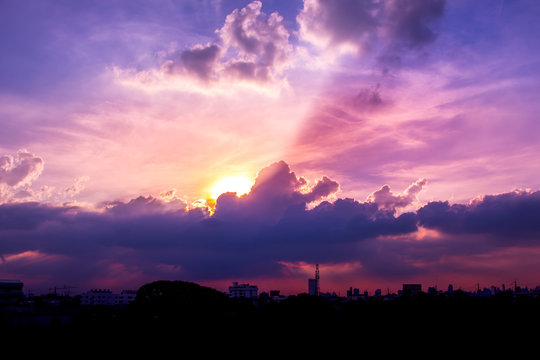climate sunset sky with fluffy clouds and beautiful heavy weather landscape for use as background images