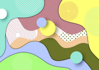Abstract colorful background with bright colored wave paper cut shapes concept, circles, lines and dots. Template for design layout for presentation, flyer, poster, banner.