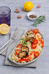 Bulgur with slices of fried vegetables