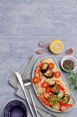 Bulgur with slices of fried vegetables