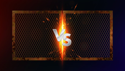 Versus battle concept. Collision of two metal frames with rust and mesh. Sparks and silver letters VS. Versus battle illustration ( Fight night, mma, boxing, wrestling) VS vector background 