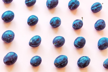 Plum fruits in rows on a pink background, top view